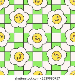 Kawaii smiling flowers vector seamless pattern. White daisies with black outline on green checkered background.