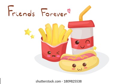 Kawaii smiling French Fries, Hot Dog and Soda comic vector characters isolated on white background. Cute fast food menu set. Funny and happy food mascot illustration with hand drawn lettering.