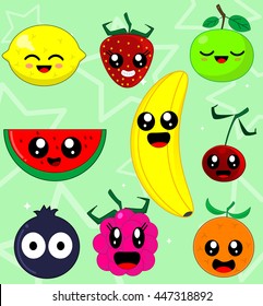 Kawaii smiling fruits such as watermelon, cherry, raspberry, banana, lemon, orange, citrus, blueberries, currants, apple. Fun cartoon vector design