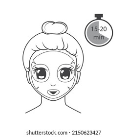 Kawaii smiling girl uses a cosmetic sheet mask for her face. Black and white vector illustration isolated on white background