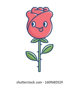 kawaii smiling goofy rose flower illustration isolated on white