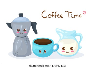 Kawaii Smiling Italian Coffee Maker, Cup & Milk Jug lettering. Cute funny & happy breakfast characters. Adorable comic cartoon food vector illustration for cards, fabric print, menu decoration, cafe.