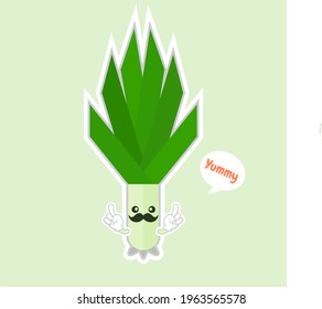 kawaii smiling leek vegetable cartoon illustration. Spring onions on color background. smiling leek vegetable cartoon illustration