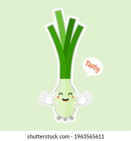 kawaii smiling leek vegetable cartoon illustration. Spring onions on color background. smiling leek vegetable cartoon illustration