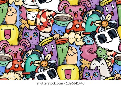 Kawaii smiling monsters doodle seamless pattern for child prints designs and coloring books. Panda bear, candy, flower, owl, rabbit, tea. Vector illustration