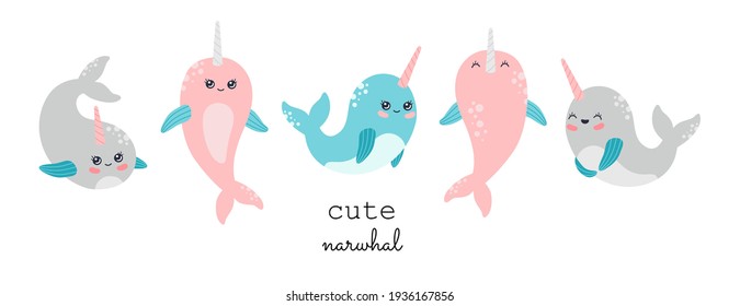 Kawaii smiling narwhal collection, cute baby whale characters set. Marine life, funny ocean animals with horn bundle in pastel color, modern trendy vector illustration clip art, flat cartoon style