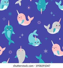 Kawaii smiling narwhal seamless pattern, cute baby whale. Marine life, wild ocean animal with horn in pastel color, modern trendy vector flat cartoon illustration in Scandinavian style blue background