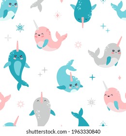 Kawaii smiling narwhal seamless pattern, cute baby whale. Marine life, wild ocean animal with horn in pastel color, modern trendy vector flat cartoon illustration in Scandinavian style for baby shower