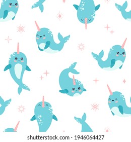 Kawaii smiling narwhal or unicorn seamless pattern, cute baby whale. Marine life, funny ocean animals with pink horn in pastel color, modern trendy vector illustration for wallpaper flat cartoon style