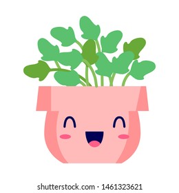 Kawaii smiling potted house plant. Flat style. For cute greeting cards or interior elements, applicable for bright home decorations posters, hygge illustrations etc. Isolated vector illustration.