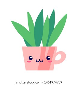 Kawaii smiling potted house plant. Flat style. For cute greeting cards or interior elements, applicable for bright home decorations posters, hygge illustrations etc. Isolated vector illustration.