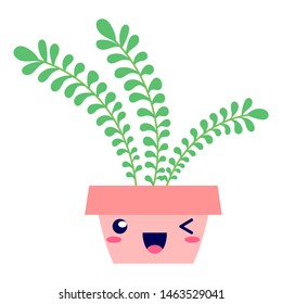 Kawaii smiling potted house plant. Flat style. For cute greeting cards or interior elements, applicable for bright home decorations posters, hygge illustrations etc. Isolated vector illustration.