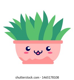 Kawaii smiling potted house plant. Flat style. For cute greeting cards or interior elements, applicable for bright home decorations posters, hygge illustrations etc. Isolated vector illustration.