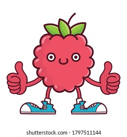 kawaii smiling raspberry fruit with sneakers cartoon isolated on white background