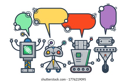 Kawaii smiling robots with speech bubbles. Isolated trendy flat cartoon characters. Voice support service chat bots. Vector virtual online help customer support