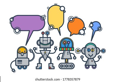Robots Kawaii sonriendo con burbujas de habla. Personajes de dibujos animados planos aislados. Los bots de chat del servicio de soporte de voz. Ayuda virtual en línea de vectores asistencia al cliente