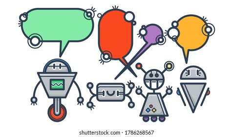 Kawaii smiling robots with speech bubbles. Isolated trendy flat cartoon characters. Voice support service chat bots. Vector virtual online help customer support