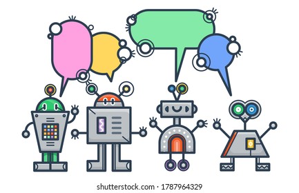 Robots Kawaii sonriendo con burbujas de habla. Personajes de dibujos animados planos aislados. Los bots de chat del servicio de soporte de voz. Ayuda virtual en línea de vectores asistencia al cliente