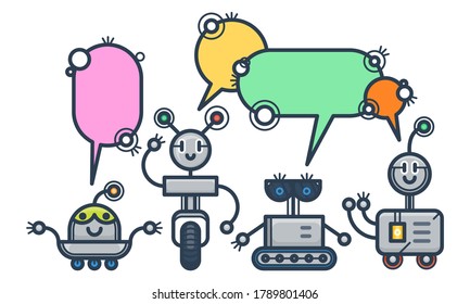 Kawaii smiling robots with speech bubbles. Isolated trendy flat cartoon characters. Voice support service chat bots. Vector virtual online help customer support