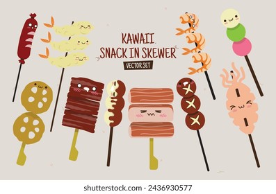 Kawaii Snack en conjunto de vectores de ilustración de pincho