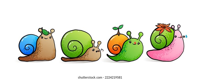 Kawaii snail character with shell and cartoon snailfish or snail-like mollusk. Kids vector illustration, set of lovely snail-paced slugs with random emoji, isolated on white background