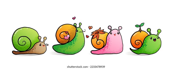 Kawaii snail character with shell and cartoon snailfish or snail-like mollusk. Kids vector illustration, set of lovely snail-paced slugs with random emoji, isolated on white background