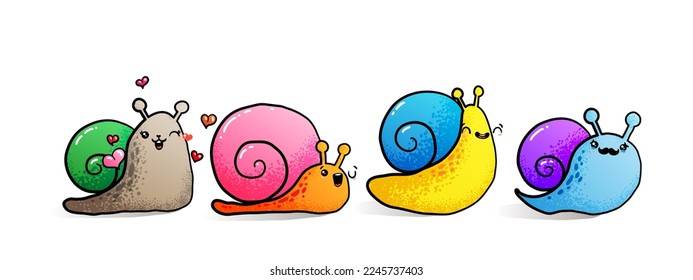 Kawaii snail character with shell and cartoon snailfish or snail-like mollusk. Kids vector illustration, set of lovely snail-paced slugs with random emoji, isolated on white background