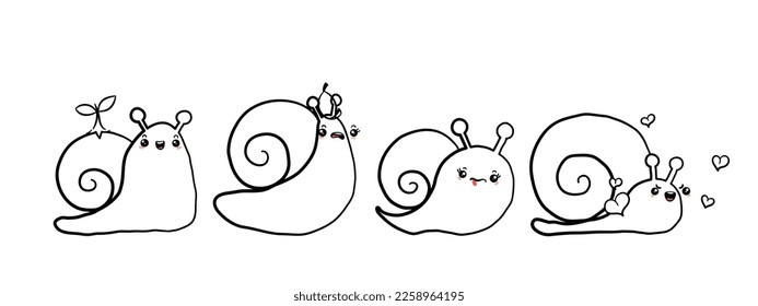 Caricatura de caracol kawaii con concha y caricatura de caracoles o molusco tipo caracol. Dibujo vectorial de niños de color, conjunto de babosas adorables con ritmo caracol con emoji al azar, aisladas en fondo blanco