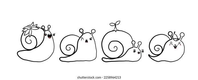 Caricatura de caracol kawaii con concha y caricatura de caracoles o molusco tipo caracol. Dibujo vectorial de niños de color, conjunto de babosas adorables con ritmo caracol con emoji al azar, aisladas en fondo blanco