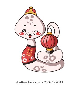 Kawaii snake holding Chinese lantern flat color vector illustration. Cute character brings dynamic element to festive season on white background