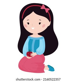 Kawaii Snow White with poison apple on white background. Cartoon princess character. Vector illustration for fairy tale book.