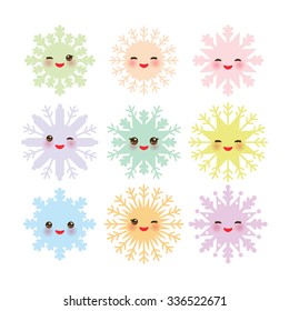 Kawaii snowflake set blue mint orange pink lilac funny face with eyes and pink cheeks on white background. Vector
