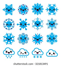 Kawaii Snowflakes, Clouds With Snow - Christmas, Winter Icons Set 