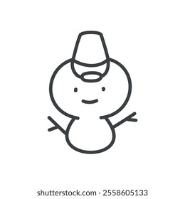 Kawaii snowman icon. Hand drawn monochrome illustration of a funny snowman wearing scarf and bucket isolated on a white background. Cute winter holiday sticker. Vector 10 EPS.