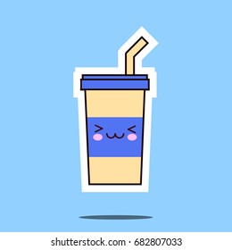 kawaii soda cup character cartoon emoticon face icon. Flat design Vector Illustration