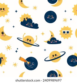 Kawaii solar eclipse seamless pattern in flat cartoon style