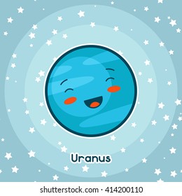 Kawaii space card. Doodle with pretty facial expression. Illustration of cartoon uranus in starry sky.