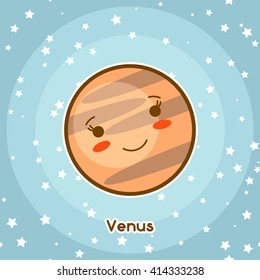 Kawaii space card. Doodle with pretty facial expression. Illustration of cartoon venus in starry sky.