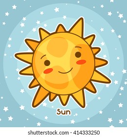 Kawaii space card. Doodle with pretty facial expression. Illustration of cartoon sun in starry sky.