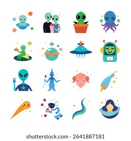 Kawaii Space Creatures with Planets and Stars Collection Line Art Vector illustration

