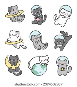 Kawaii space cute cat. Pet cartoon character. Kitten astronauts. Hand drawn style. Vector drawing. Collection of design elements.