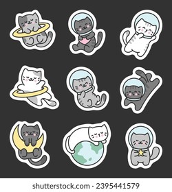 Kawaii espacio lindo gato. Marcador adhesivo. Caricatura de mascotas. Astronautas gatitos. Estilo dibujado a mano. Dibujo de vectores. Colección de elementos de diseño.