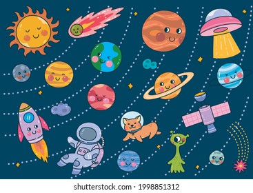 Kawaii Space Doodle Vector Illustration