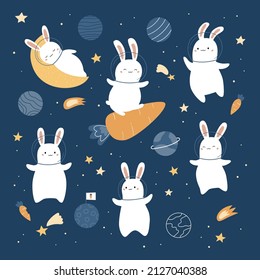 Kawaii space rabbits. Hand drawn planets, moon, stars, spaceship and carrots. Cartoon animal characters. White bunnies with space suit. Vector illustration.