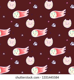 Kawaii space seamless pattern. Doodles with pretty facial expression. Illustration of cartoon sun, earth, moon, rocket and celestial bodies.