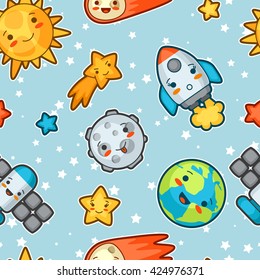 Kawaii space seamless pattern. Doodles with pretty facial expression. Illustration of cartoon sun, earth, moon, rocket and celestial bodies.