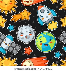 Kawaii space seamless pattern. Doodles with pretty facial expression. Illustration of cartoon sun, earth, moon, rocket and celestial bodies.