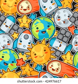 Kawaii space seamless pattern. Doodles with pretty facial expression. Illustration of cartoon sun, earth, moon, rocket and celestial bodies.