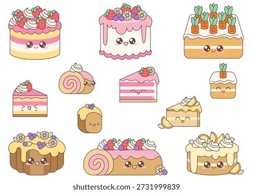 Kawaii Spring Cake Illustration Set with Cute Dessert Characters. This cute spring dessert illustration features a variety of cakes including bundt, roll cake, lemon and carrot flavors in a kawaii style.
