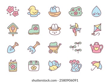 Kawaii spring icon set. Collection of cute hand drawn stickers (bird, nest, flowers, bunny, kite etc.) isolated on a white background. Vector 10 EPS.